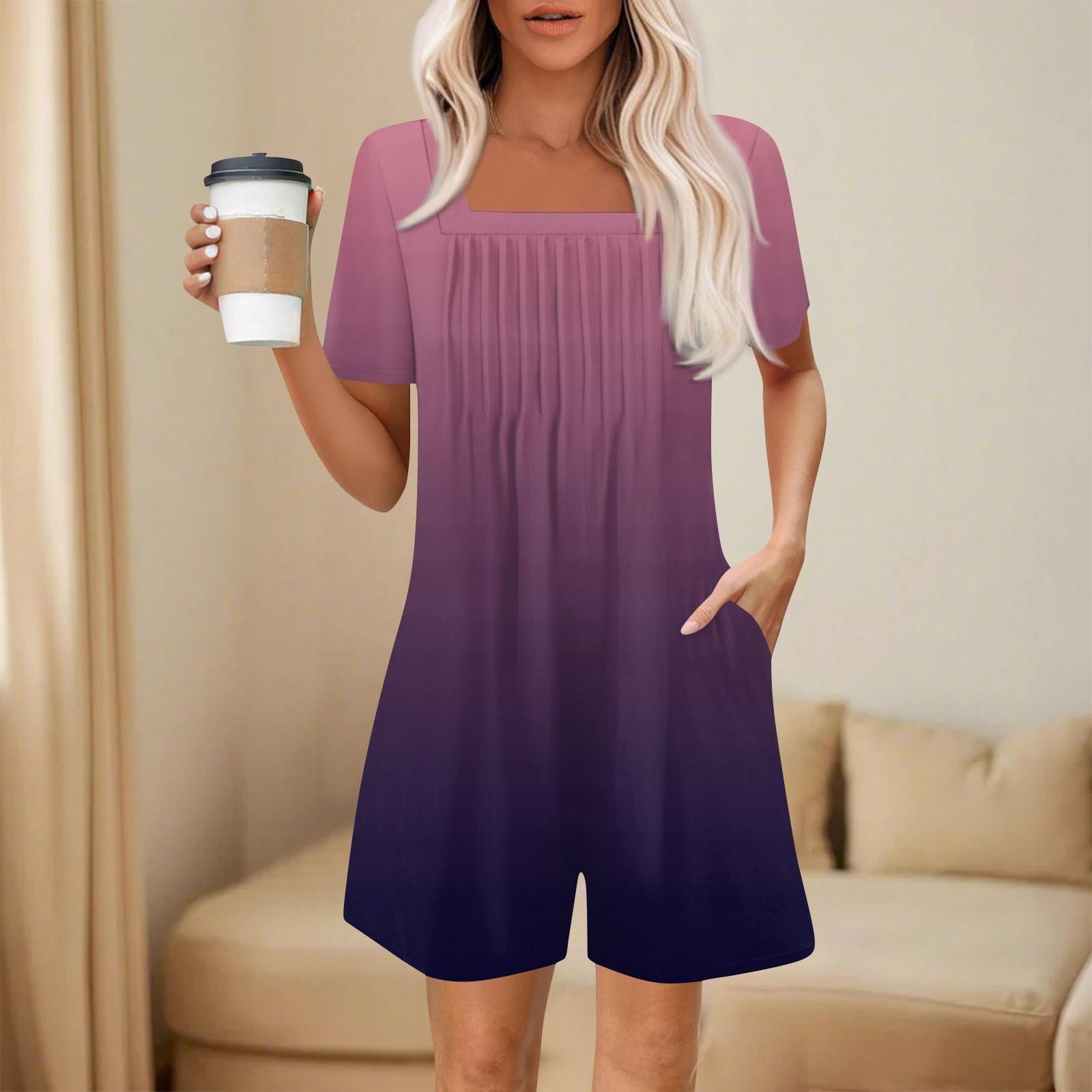 

Женский модный и повседневный комбинезон с короткими рукавами и карманами, принтованный комбинезон-шорты XXL фиолетовый