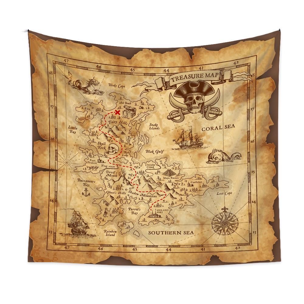 VIKAMA Vintage Pirate Map Tapestry Nautical Skull Wall Hanging Adventure Decor for Bedroom Dorm Living Room Wall Art 74x94cm(29x37in)