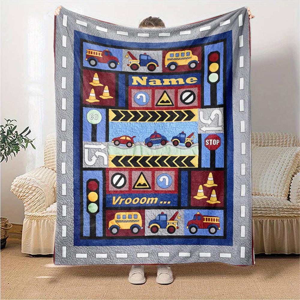 Custom Name Cute Cars Theme Printed Blanket - Perfect for Couch, Bed, Travel & Outdoor Use | Machine Washable, Cozy & Durable.