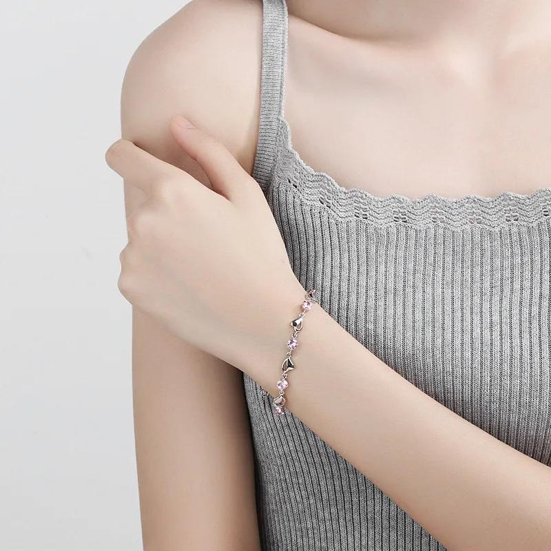 925 Silver Heart Shaped Bracelet For Women Retro Versatile Pink Crystal Charm Bracelets Party Jewelry