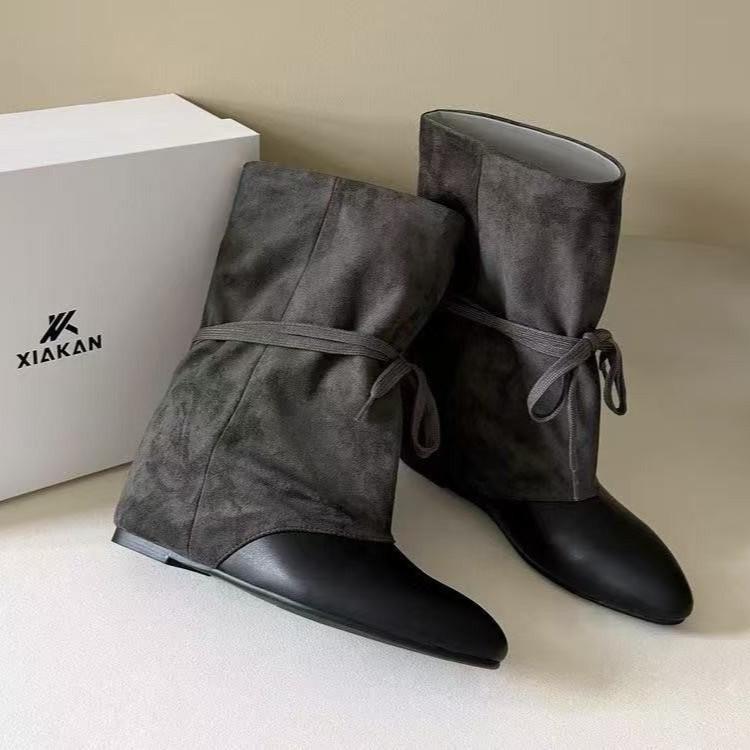Soft leather version~ autumn and winter new retro pointed strap wide tube short boots women's fashion western boots inner heightening stacking boots