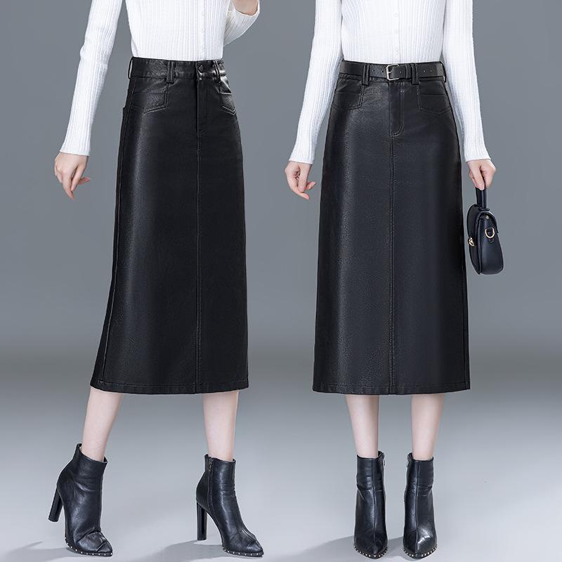 2025 Autumn/Winter Women's High-Waist A-Line Leather Skirt - Genuine Sheepskin Bodycon