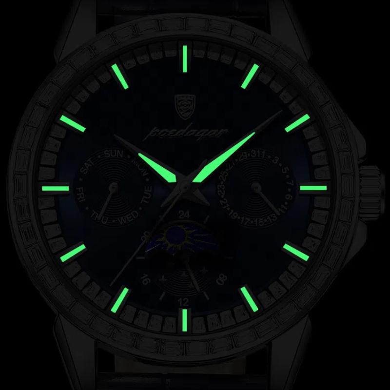 Herren-Quarzuhr mit Diamantenbesatz, Drei-Augen-Sechs-Zeiger-Mondphasen-Zifferblatt, Wasserdichte Herrenuhr mit Leuchtzeigern für Business und Freizeit, Geschenk für die Feiertage