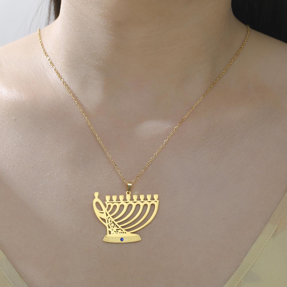 Chanukah Menorah Necklace Religious Jerusalem Temple Hanukkah Shammash Pendant Stainless Steel Judaica Jewelry