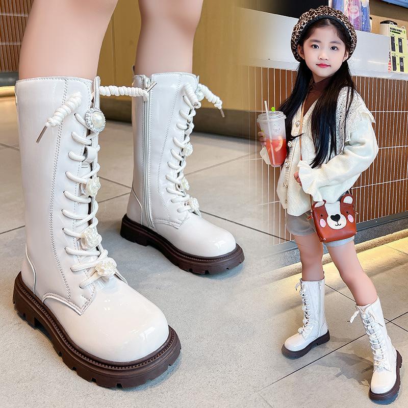 Kids Pearl Flower Decor Non Slip Patent Leather Tall Martin Boots