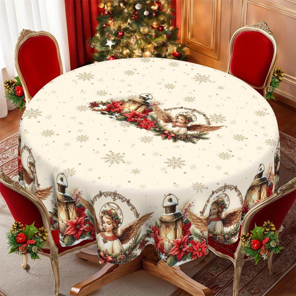 Round Christmas Tablecloth Santa Nutcracker Snowman Print Holiday Dining Table Cover Dustproof Home Decoration 150cm