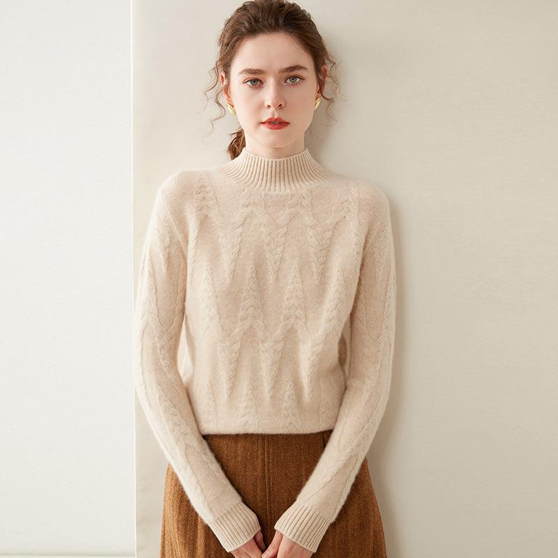 Women's Retro Red Cashmere Knit Base Layer Sweater - Heavyweight, Warm, Long Sleeve, Half-High Neck, Loose Fit