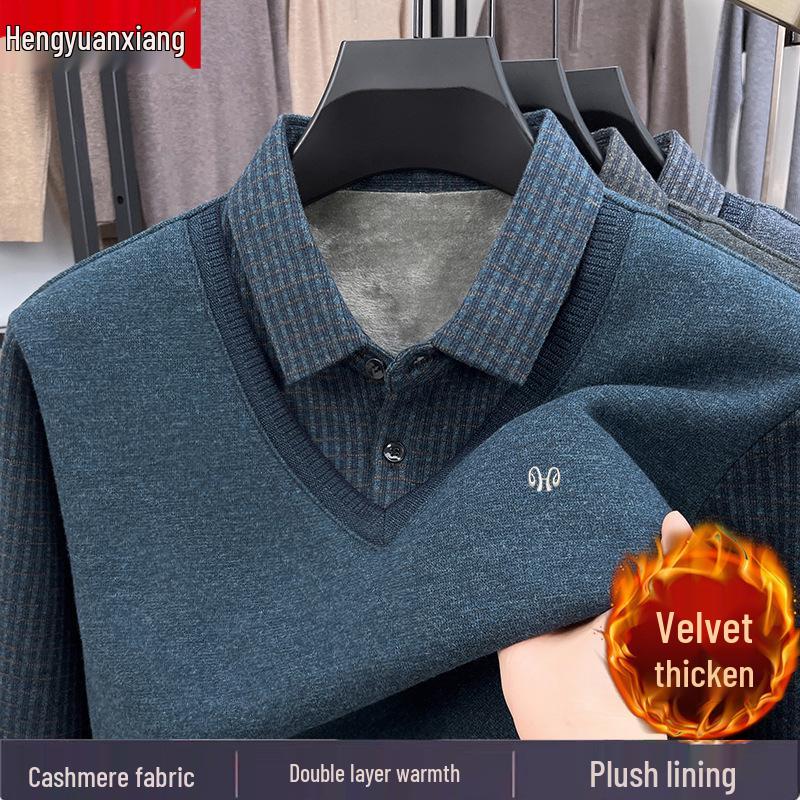 Hengyuanxiang Men's Pure Cashmere Two-Piece Look Thickened Winter Sweater