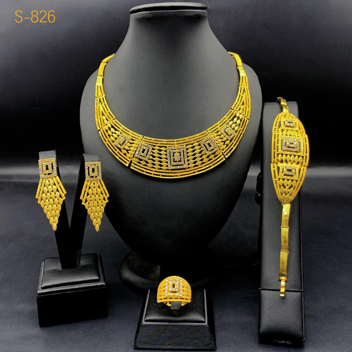 

Свадебный ювелирный набор с покрытием из 24-каратного золота: Ожерелье и серьги, Свадебный стиль Ближнего Востока, Дубайский набор из четырех предметов