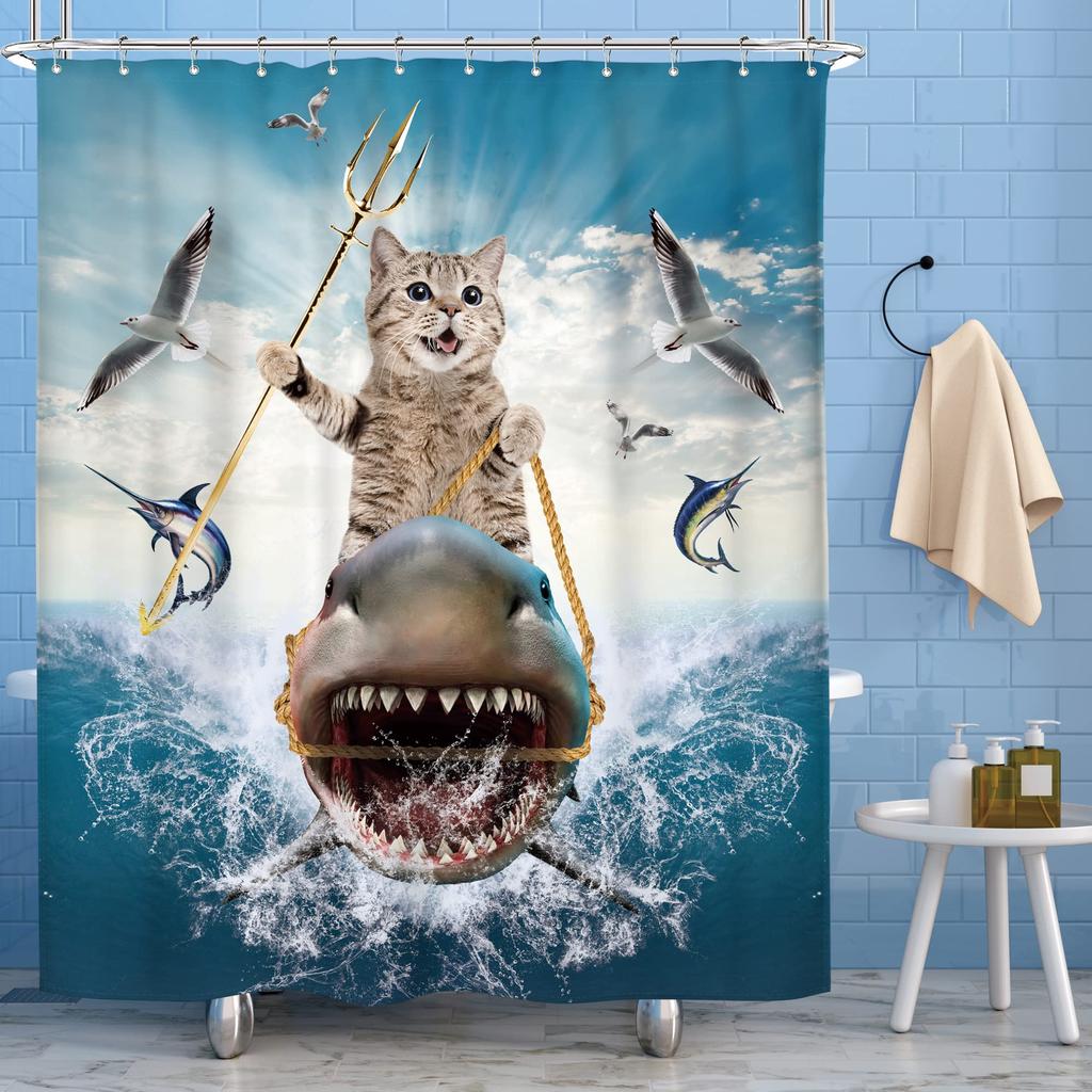 Funny Animals Shower Curtain,Cat Cowboy With Rifle Rides A Horse On Green Grass Ranch With Cow Dog Shower Curtains For Bathroom