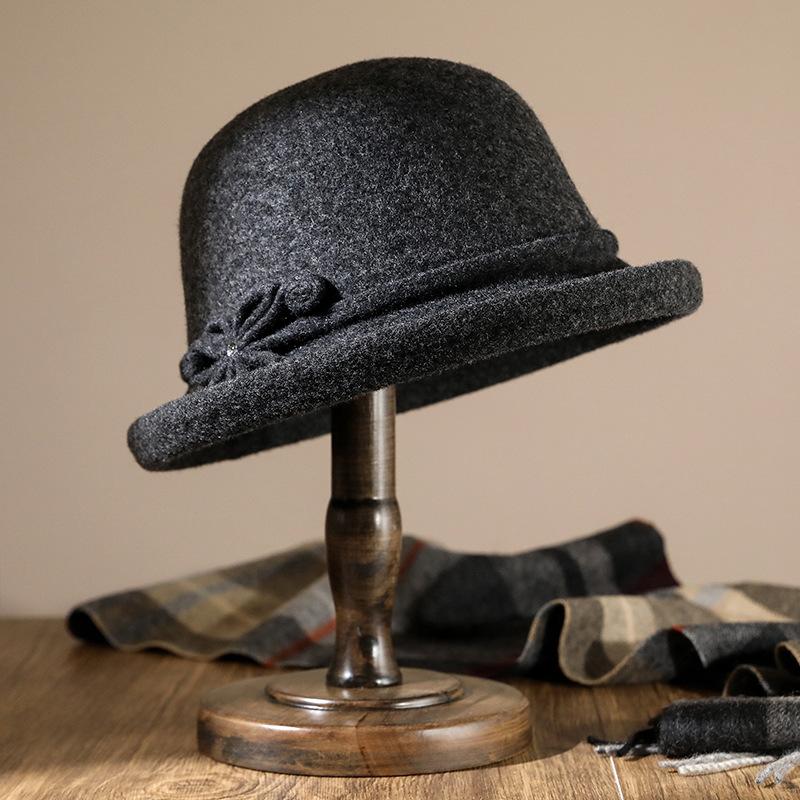 Hat Women's Autumn and Winter Versatile Middle and Old Hat Wool Elegant Flower Pot Hat Retro Curled Top Hat