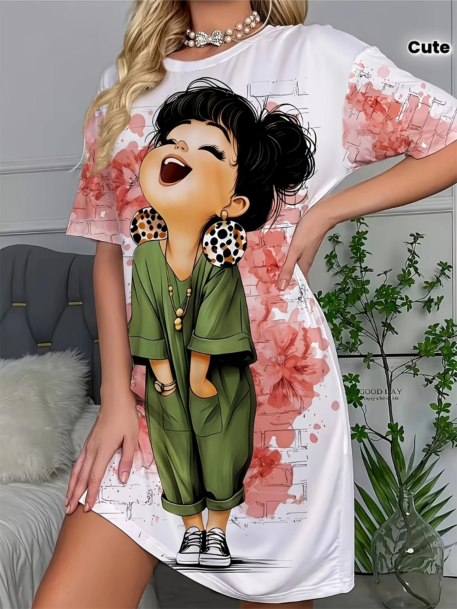 

Cute Cartoon Character Printed Casual Round Neck Short Sleeve T-Shirt Dress for Women - Home Dress M дубильная кора