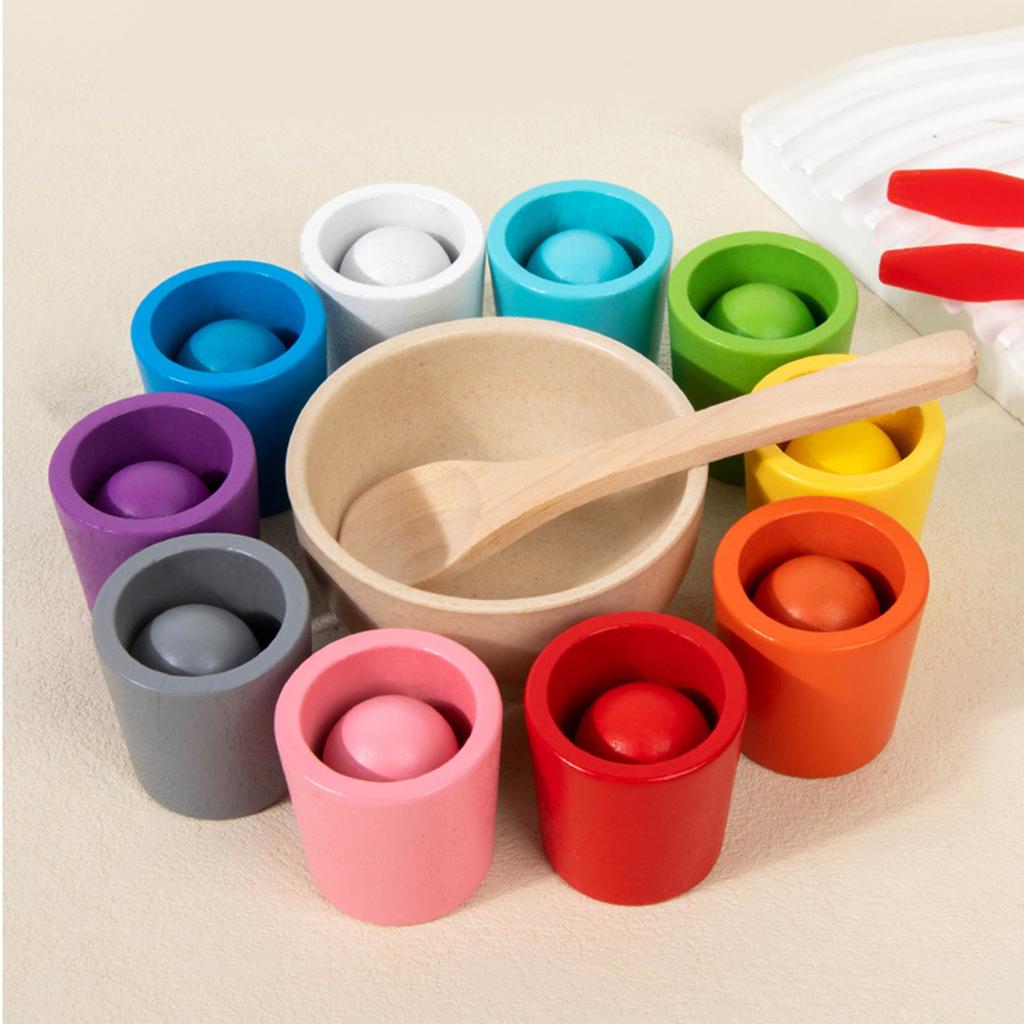 Rainbow Balls In Cups Wooden Matching Game Learning Color Sorting & Counting Activities Ball Montessori Toy for Toddlers