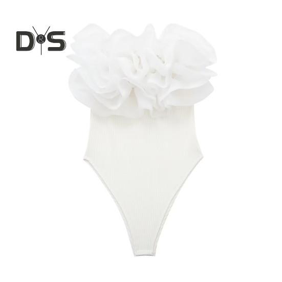 Женский комбинезон с открытыми плечами в рубчик, вязаный комбинезон с цветочным декором, обтягивающий комбинезон без рукавов, однотонный женский комбинезон S белый