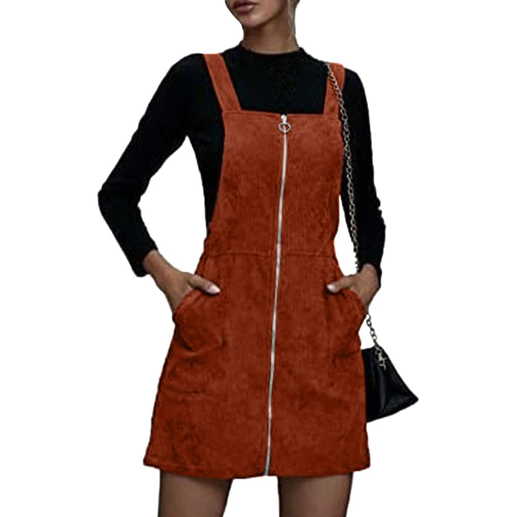 Women's Fashion Corduroy Solid Color All Seasons Ladies Sleeveless Zipper Pocket Casual Dress