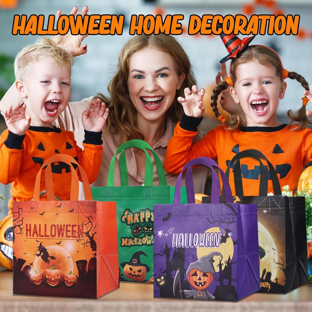 16PCS Halloween Trick or Treat Bags, Large Halloween Tote Gift Bags with Handles, Reusable Non-Woven Candy Bag for Gifts Wrapping, Party Supplies,