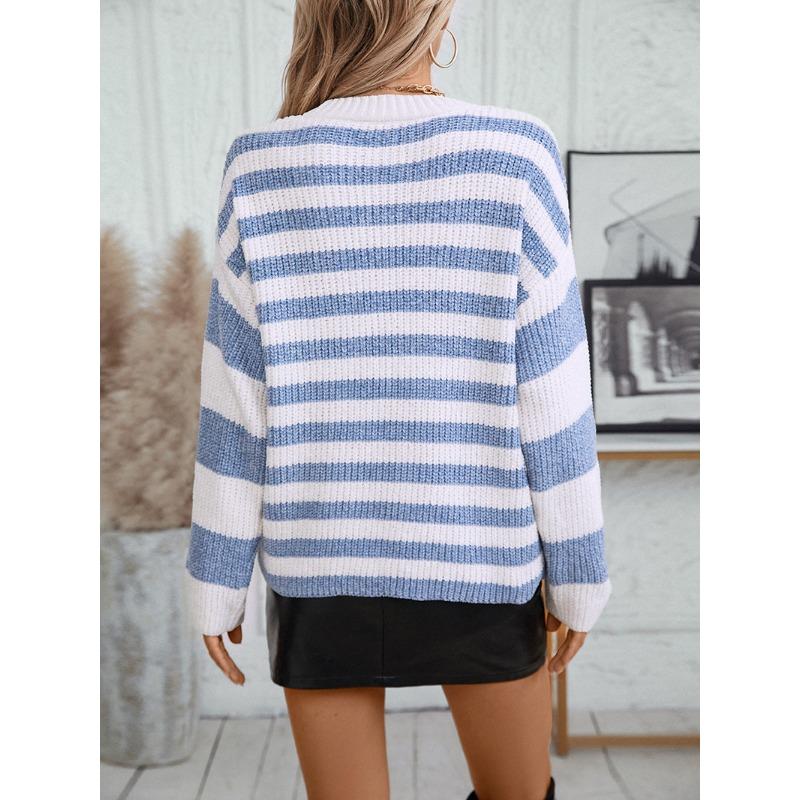 Women's Autumn and Winter Knitwear European and American Pullover Chenille Striped Color-block Sweater