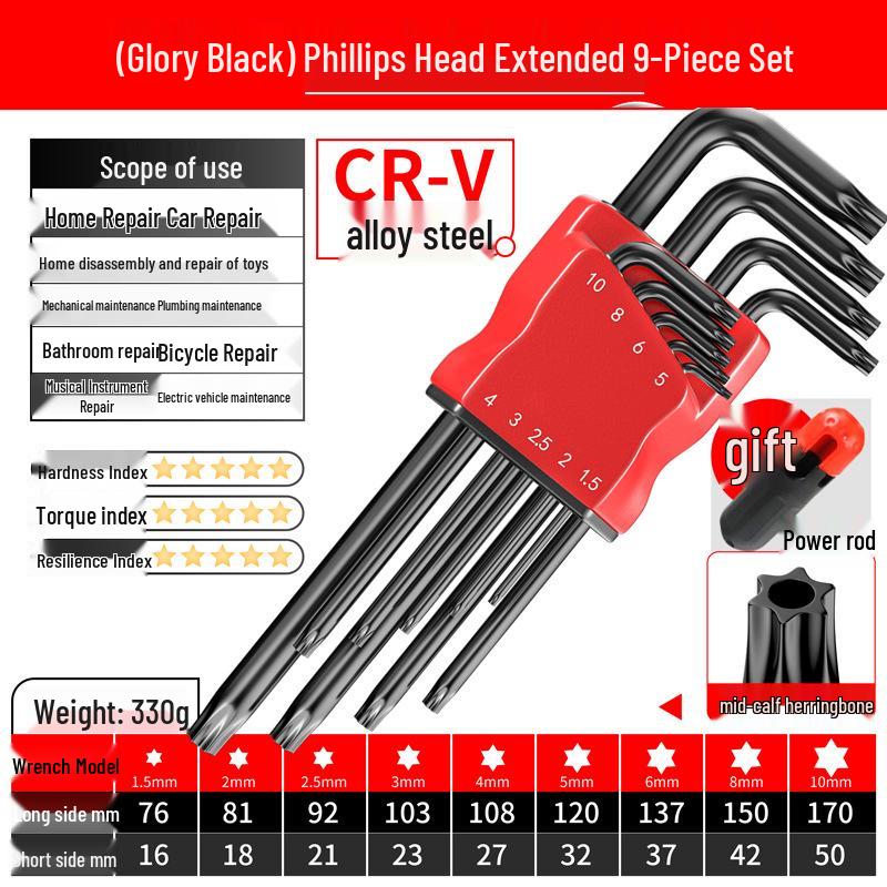 Torx Hex Key Set: 6-Point Screwdriver & Wrench Set with Extended Ball and Flat Head