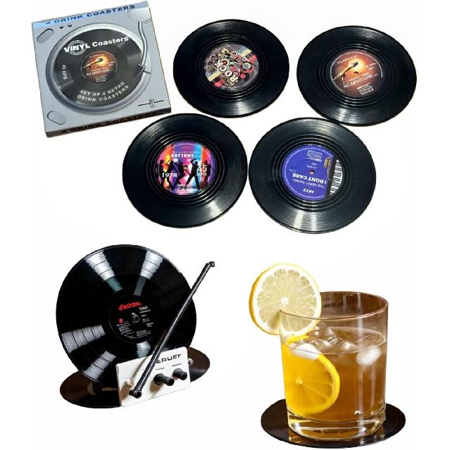 Tsevsesno Set of 6/4 Retro Record Vinyl Coasters for Drinks,Funny Home Decor & Housewarming Gifts New Home, for Music Lovers (4)