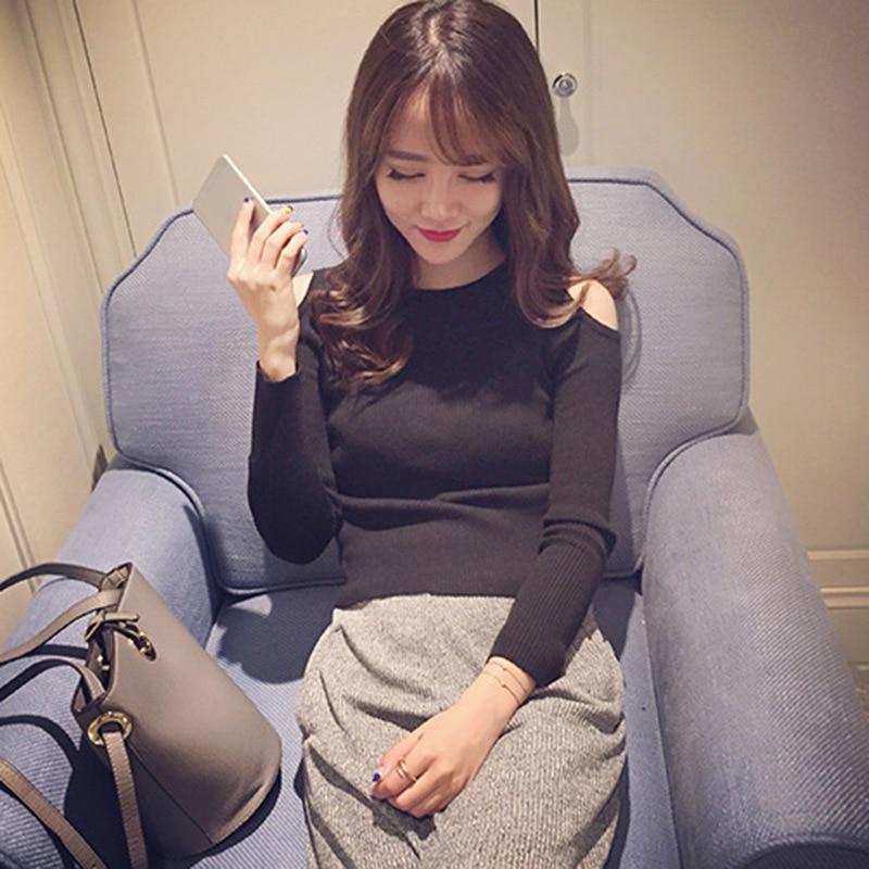 

Сексуальные свитера с открытыми плечами и круглым вырезом, пуловеры, корейская мода, однотонные женские повседневные свитера с длинным рукавом L чёрный
