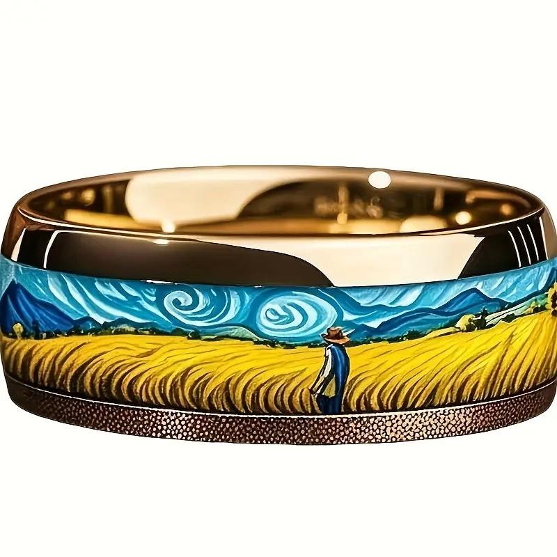 

Кольцо из нержавеющей стали, вдохновленное природой – Художественный дизайн «Пшеничное поле» и «Галактика» для женщин и мужчин | Минималистичное кольцо, деревенская элегантность No. 13 розового золота