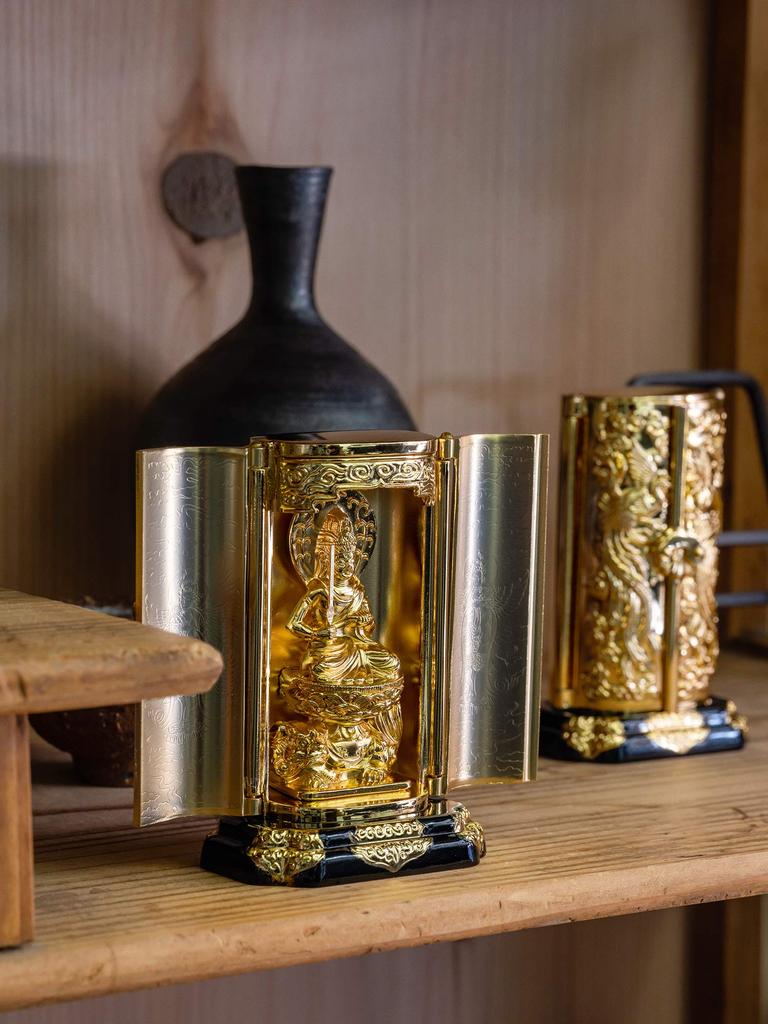Buddhist Statue of Manjusri Bodhisattva In a Shrine by Sculptor Keishu Original Model In the Year of the Zodiac Guardian Takaoka Bronzeware (gold