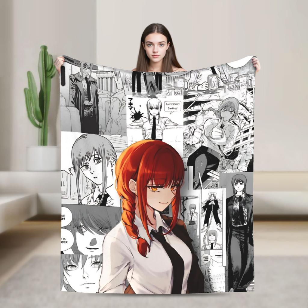Makima Anime Girl Blanket C-Chainsaws Flannel Novelty Warm Throw Blanket for Home Summer