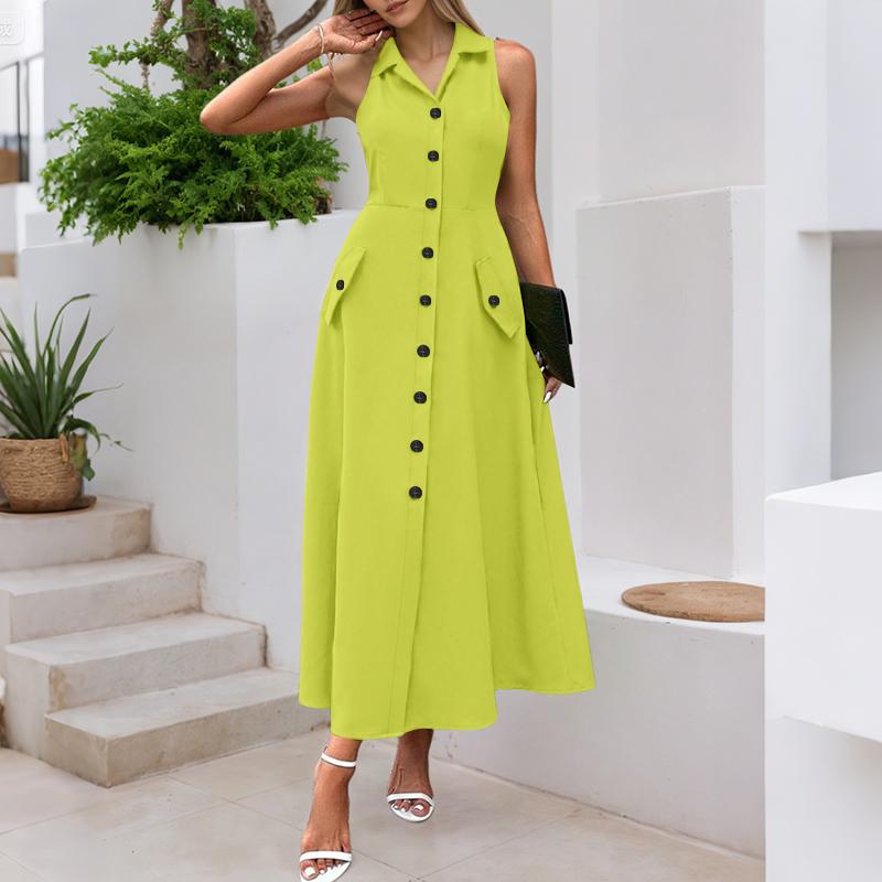 ZANZEA Women Summer Turn Down Collar Casual Sleeveless Long Dress