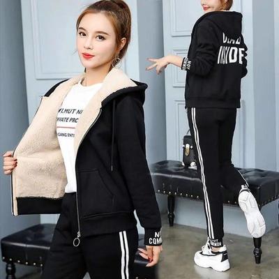 Lambswool Zip Up Sweatshirt Casual Warm Fleece Pant Suit Autumn Winter Plus Velvet Thick Hooded Tracksuit Women 2 Piece Set