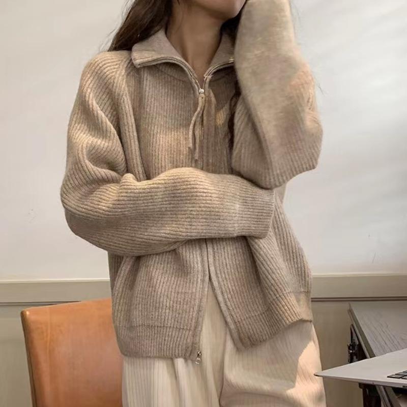 GMXIA Lapel Double Zipper Design Sense Knit Cardigan Women's Autumn and Winter Lazy Sweater