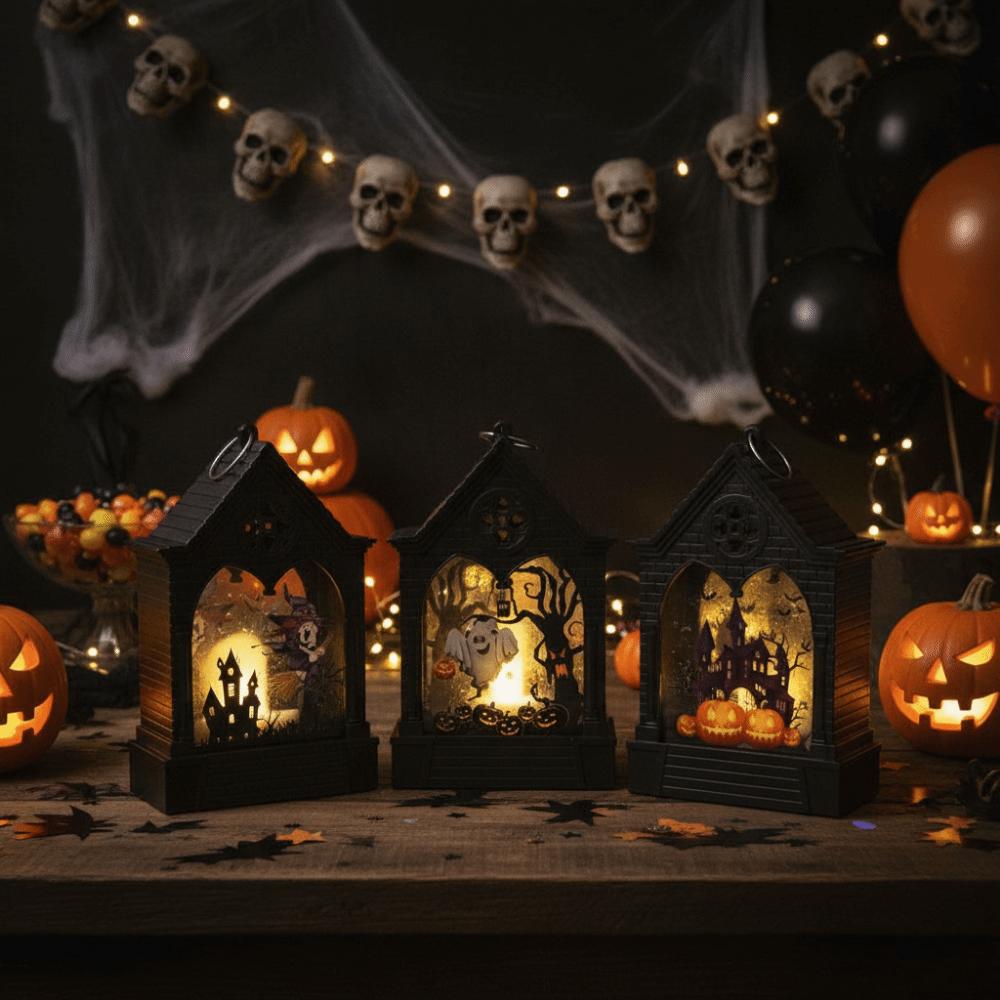 House Shape Halloween LED Lamp Cordless Ghost Festival Lantern Pumpkin LED Light Desktop Ornament