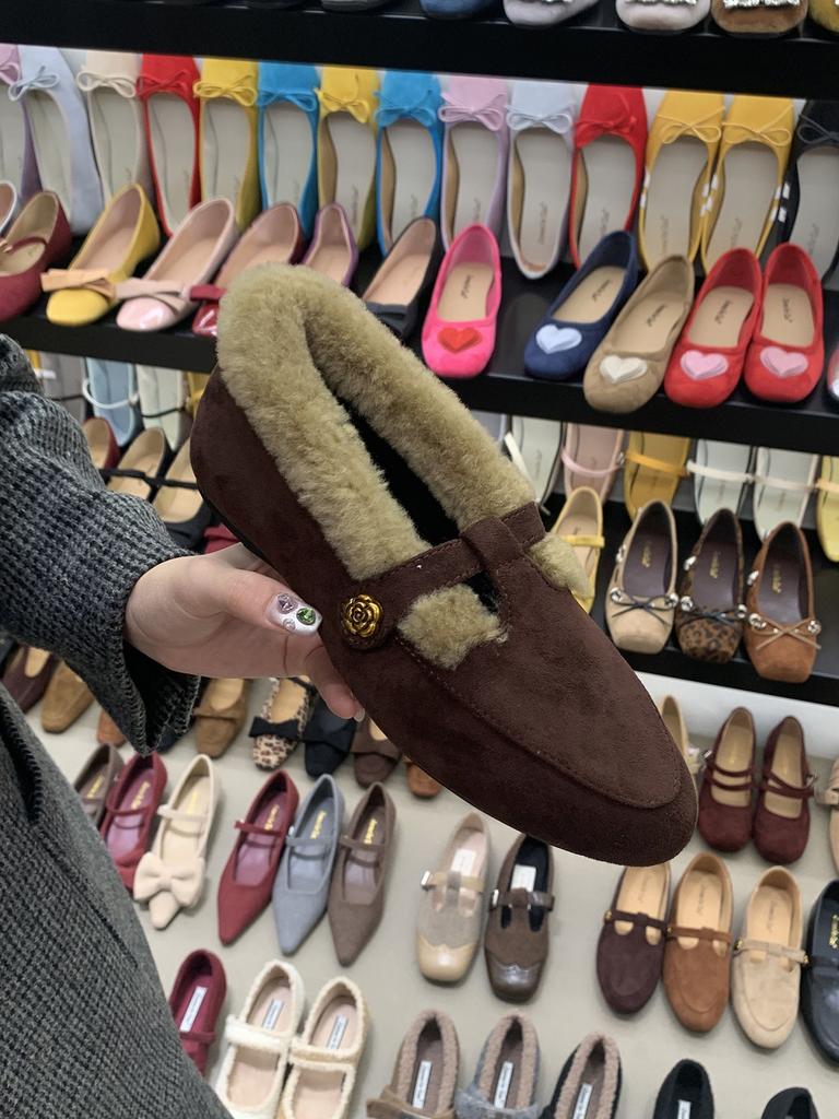 Retro round head plush shoes 2025 autumn and winter Mary Jane warm cotton shoes small leather shoes
