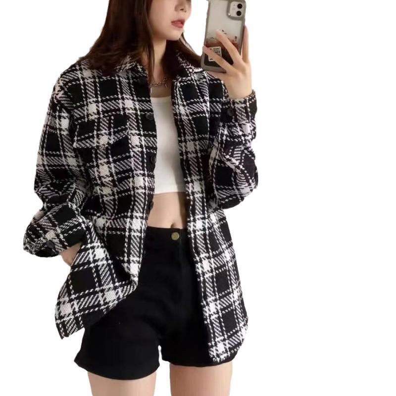 Women's Autumn/Winter Plaid Jacket - Korean Style Slimming Loose Fit POLO Collar Long Sleeve Shirt