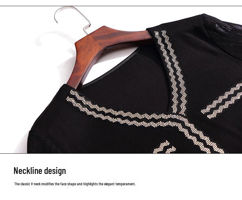 Women's Black Chiffon Spliced Knitted V-Neck Pullover: Loose-Fitting, Long-Sleeved Spring Commuter Top.