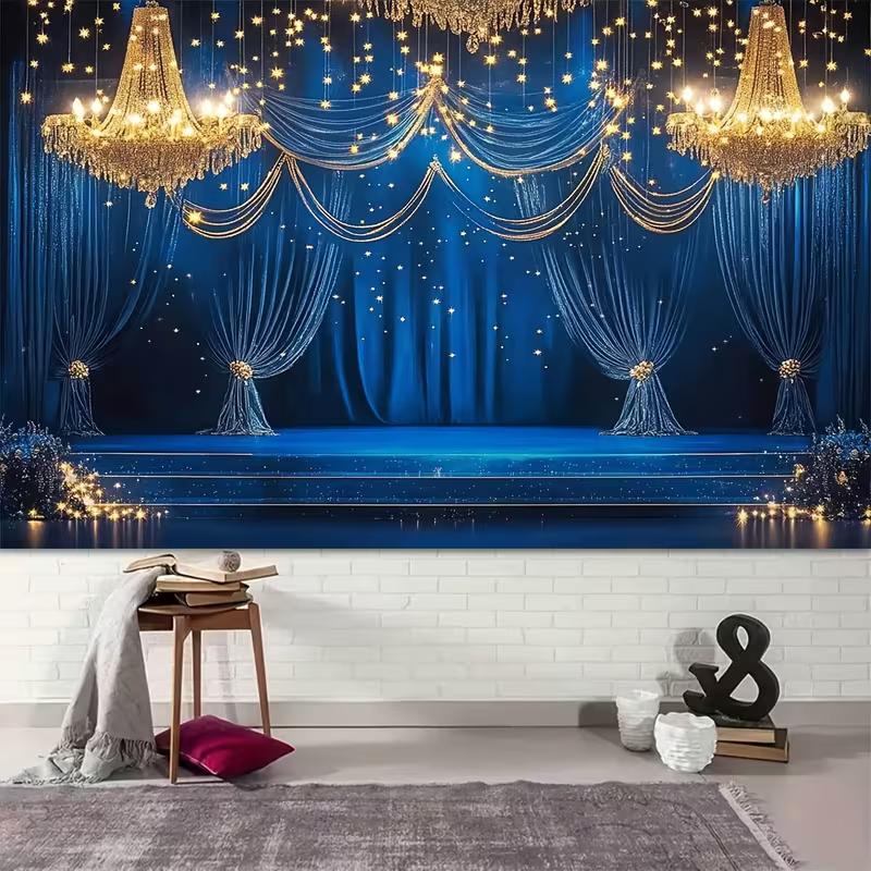 2D Blaue Goldene Kronleuchter Kulisse für Hochzeitsfotoshooting