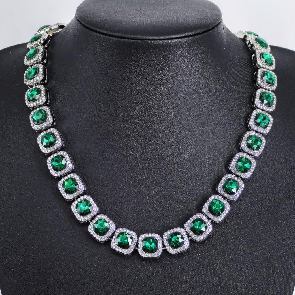 Men'S Square Glass 12Mm Hand Necklace Rock Sugar Chain Hip Hop Style Male Alloy