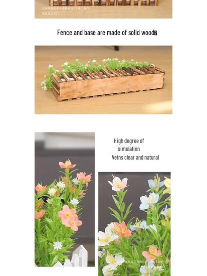 Silk Flower Pot with Wood Fence: Decorative Bonsai for Living Room or Office.