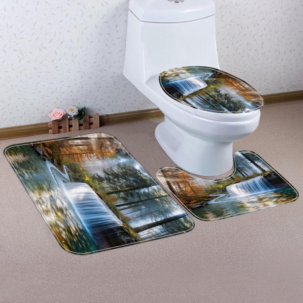1/4 Forest Waterfalls  Print Shower Curtains, Toilet Seat Decoration, Shower Curtain with Carpet and Toilet Lid, 70.8x70.8 Inch