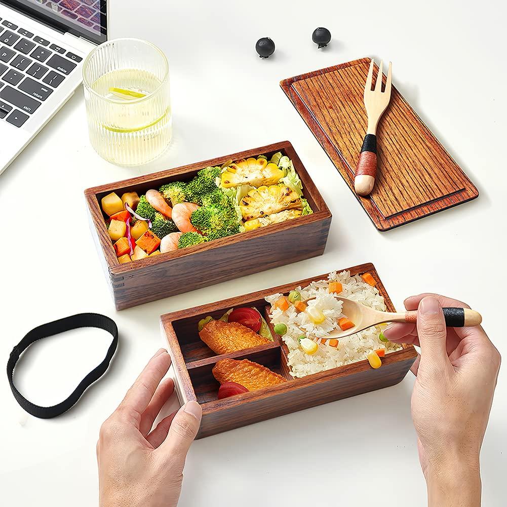 AOOSY Bento Square Lunch 800ml with Natural Lacquer Wooden Spoon and Handmade Large Capacity Lunch Box for Commuting and School Box, Two-Tier Box,