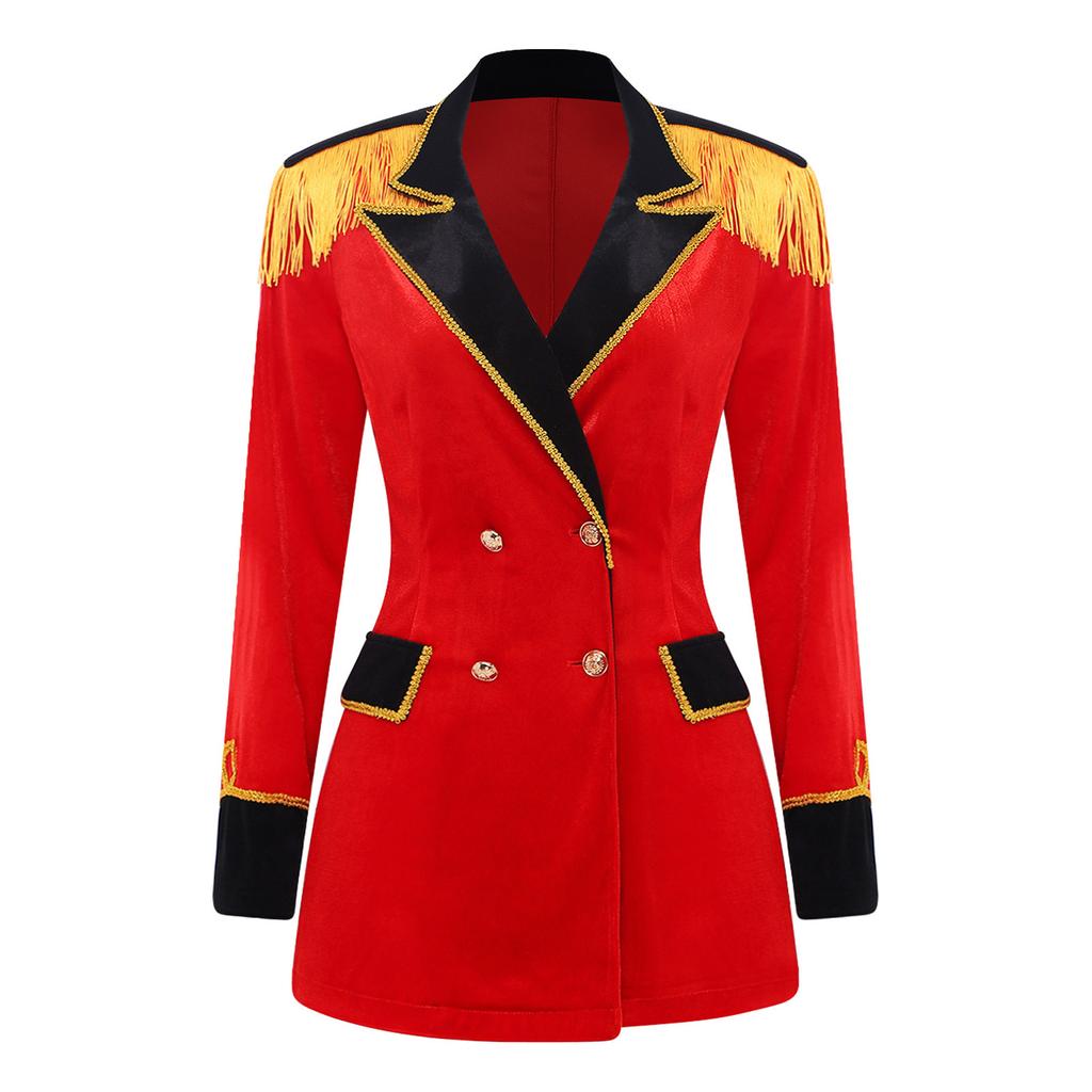 Women Circus Master Outerwear Velvety Lapel V Neck Double-breasted Coat with Gold Lace Tassel Epaulet for Halloween Rave Party