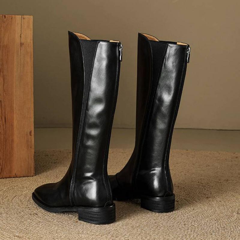 New Medium Heel Large Size Women's Boots Solid Color Rear Zipper Square Heel Comfortable Leather Fashion Boots Square Head Cowhide High Boots