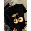 Cotton Tee Golden Cherry Print Women Short Sleeve T-Shirt Stylish Casual Tee a Sense of Elegance Versatile Top for Women Minimalist Design