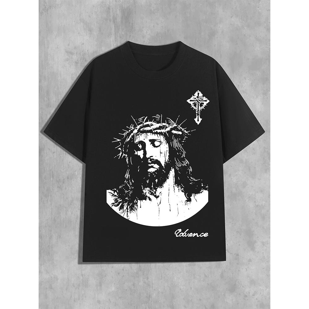 Edgy Crown of Thorns Jesus Portrait Graphic T-shirt Black Casual Streetwear Tee with Printed Round Neck Breathable Short Sleeve