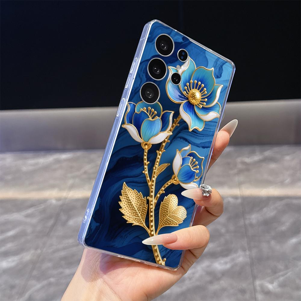 Cyan Enamel Flowers with Gold Case for Samsung Galaxy S26 S25 S24 S23 S22 S21 S20 FE Plus Soft TPU Slim Fit Shockproof Cover