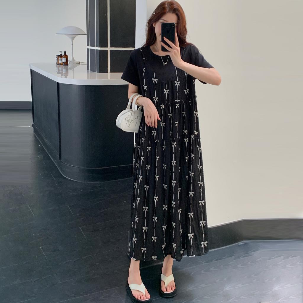 DIMANAF 2025 Summer Plus Size Dress Women Loose Casual Dress Basic Vintage Short Sleeve Bow Printing Long Dress