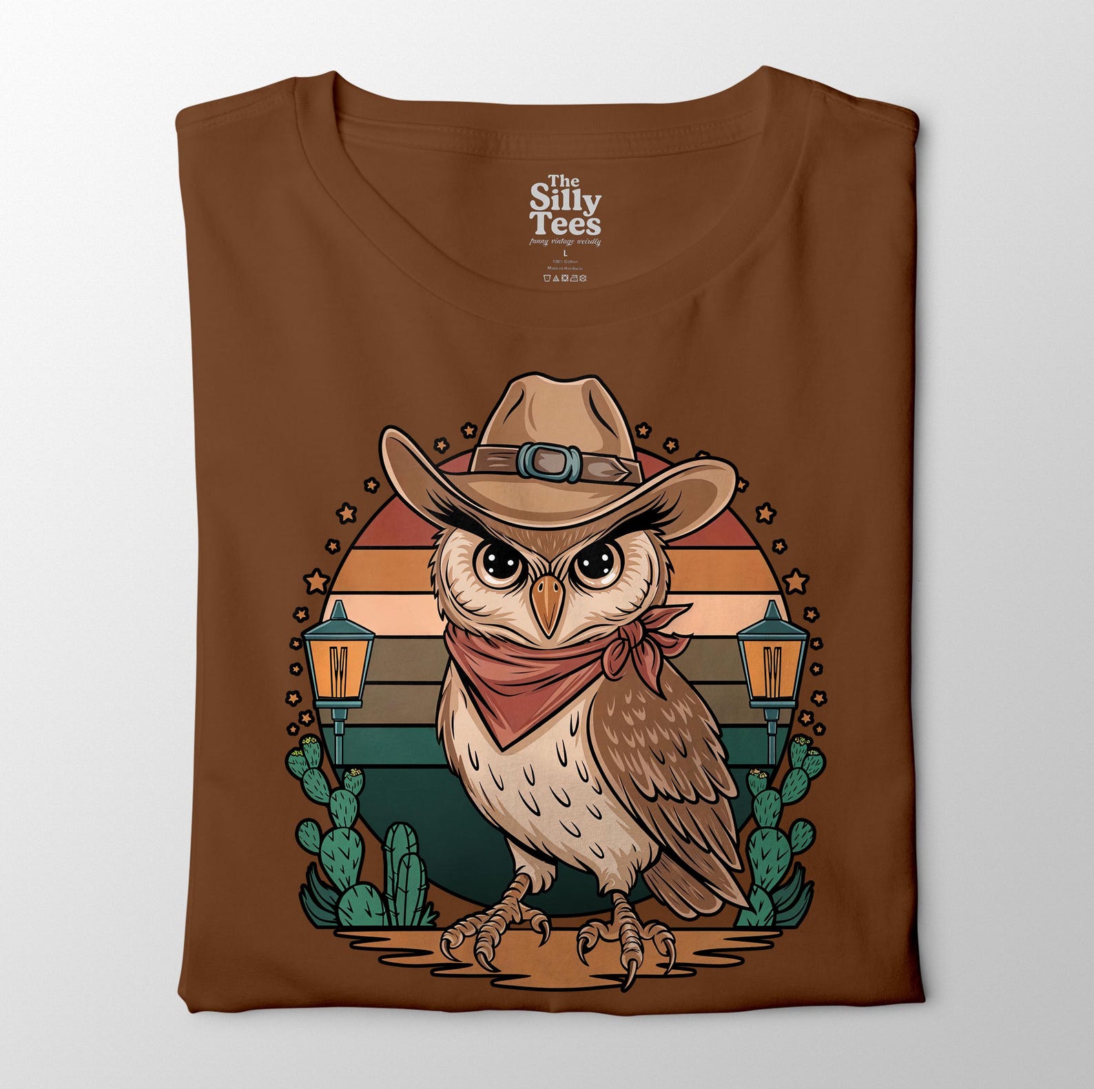 Cowboy Owl Graphic Tee: Western Desert Sunset T-Shirt M