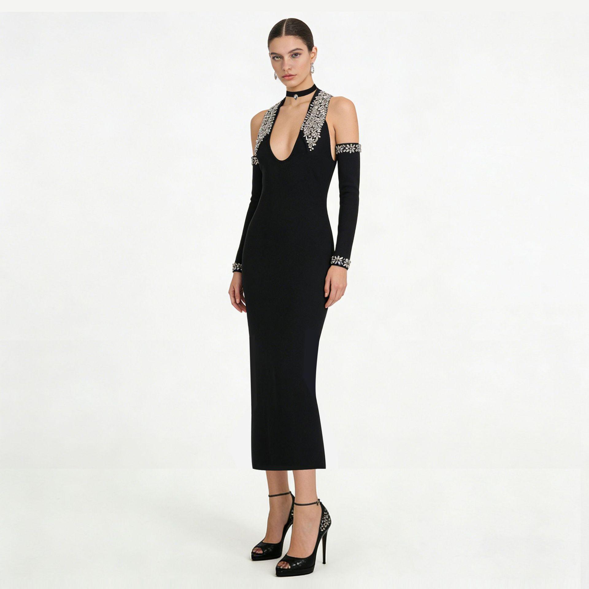 Halter Rhinestone Embellished Sexy Black Bandage Long Dress S чёрный