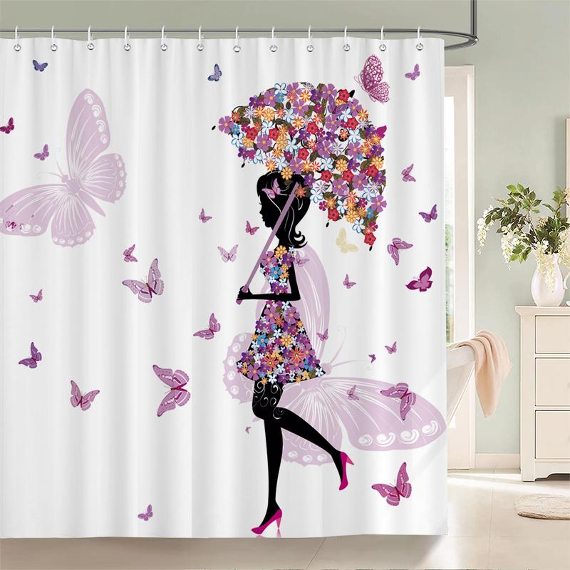 Flower Butterfly Girl Shower Curtain Waterproof Bathroom Lovely Woman Fairy Shower Curtain Polyester Cloth Home Decor Hook