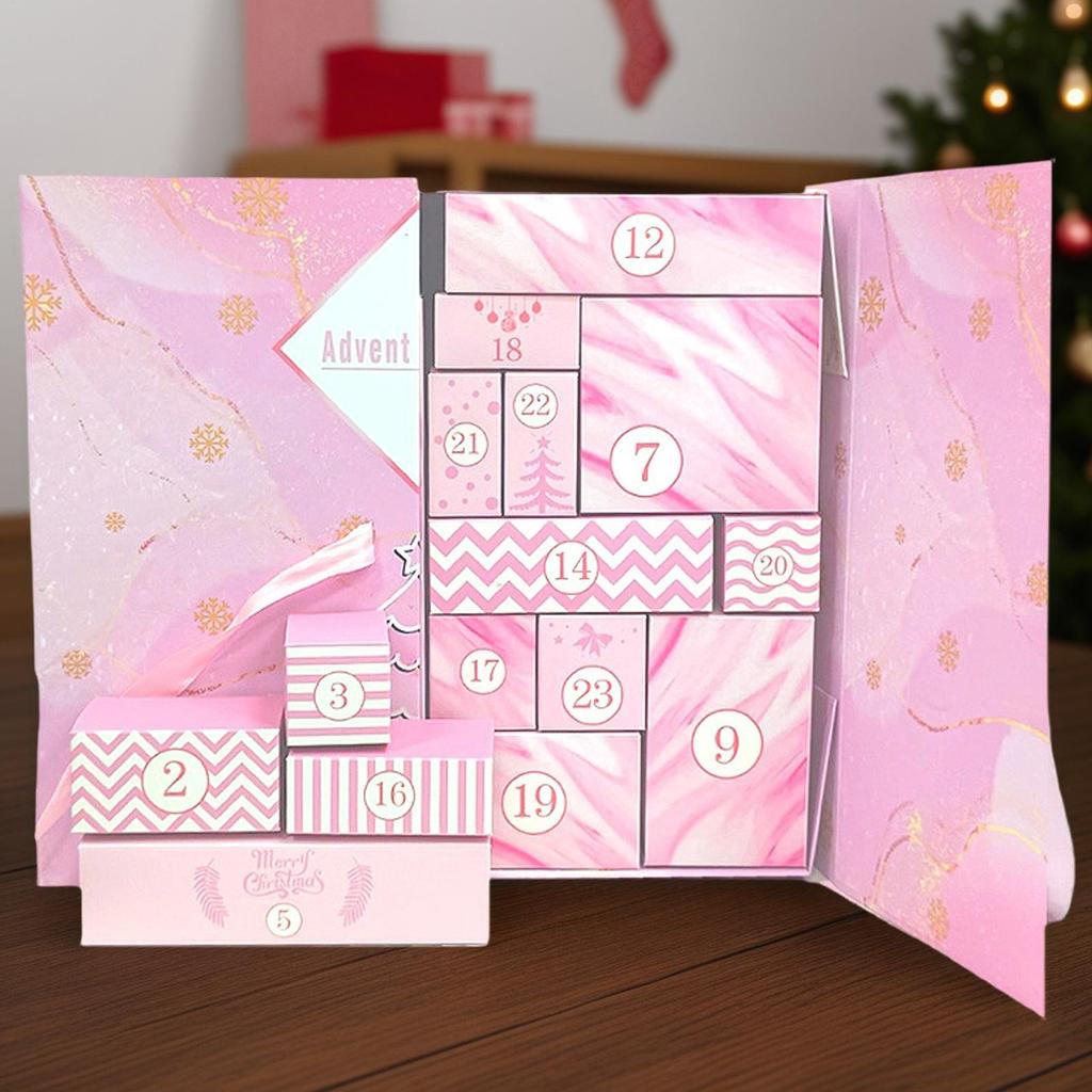 Weihnachts-Adventskalender mit 24 faltbaren rosa Geschenkboxen aus Karton – leerer Weihnachtskalender zum Befüllen der Adventskalender-Aufbewahrung