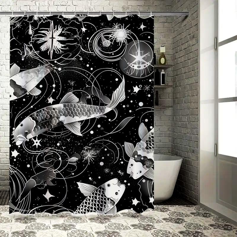 Schwarz-Weiß Fischmuster Duschvorhang Wasserdicht Dekoration Heimdekoration Badezimmerzubehör 180X240cm